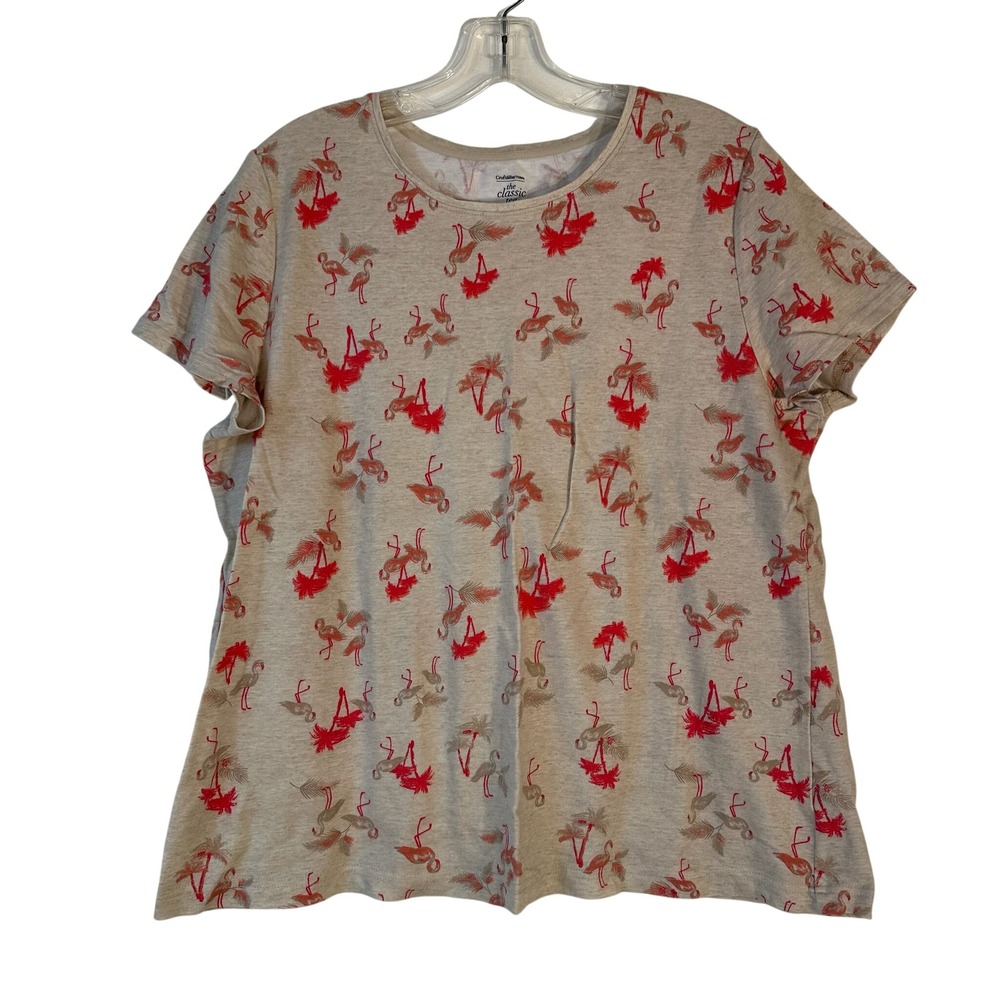 Croft & Barrow Womens XL Classic Tee Beige Red Flamingo Palm Tree Cotton T-Shirt